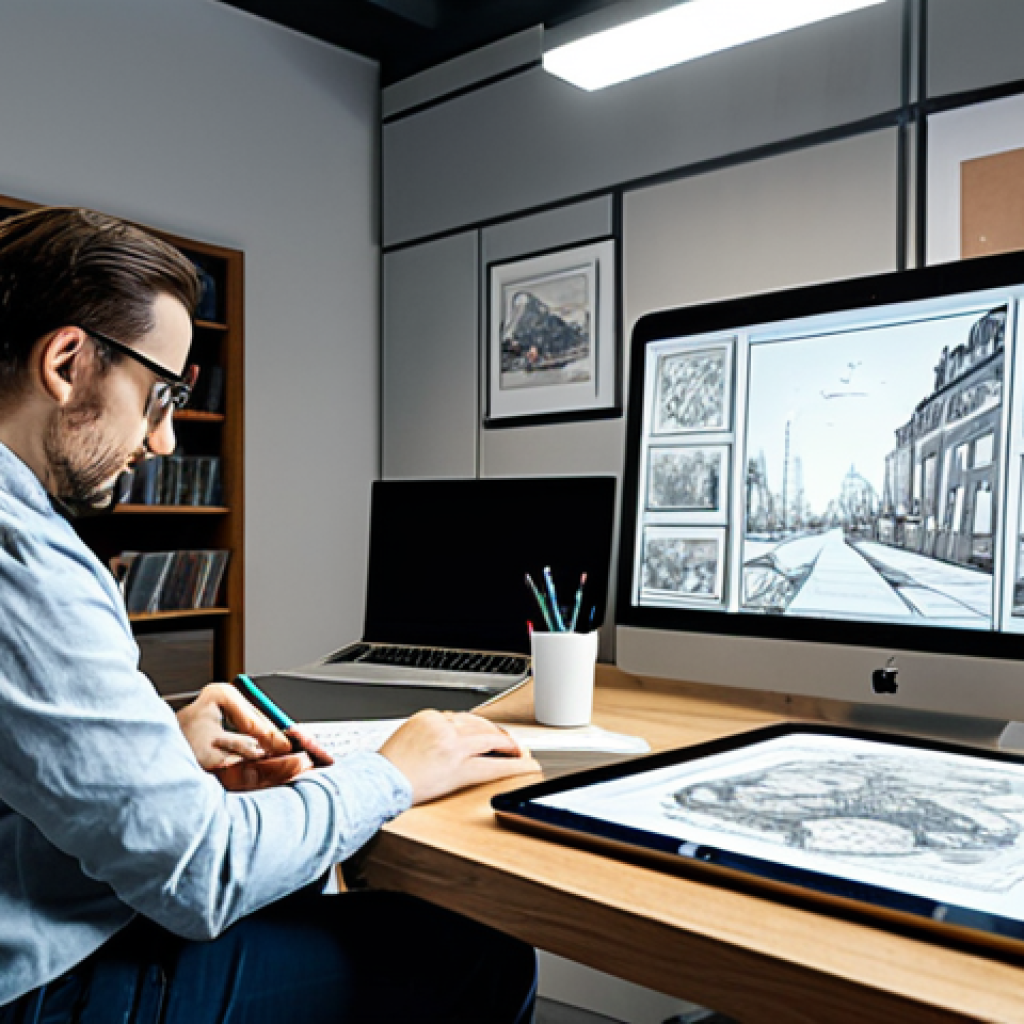 A professional artist, fully clothed in appropriate and modest attire, seated at a well-lit desk in a modern studio. They are intensely focused on a digital tablet, sketching a complex design for an animation project. The background features shelves filled with concept art, storyboards, and a framed movie poster, subtly indicating a collaborative creative environment. The overall atmosphere is one of calm dedication and artistic pursuit.