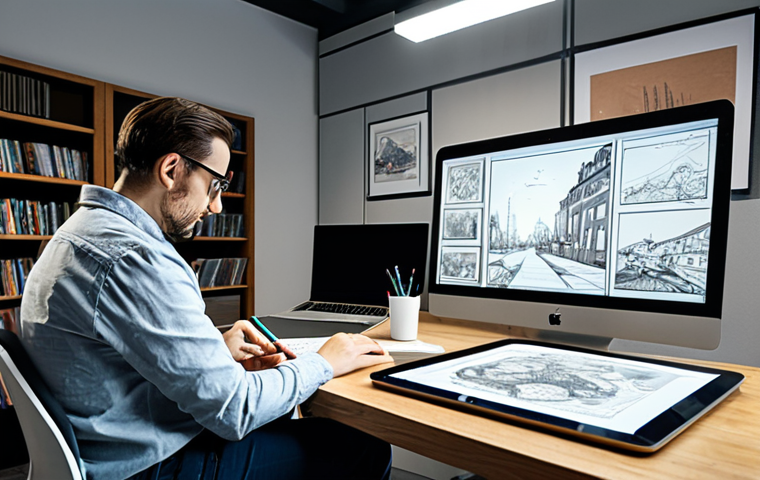 A professional artist, fully clothed in appropriate and modest attire, seated at a well-lit desk in a modern studio. They are intensely focused on a digital tablet, sketching a complex design for an animation project. The background features shelves filled with concept art, storyboards, and a framed movie poster, subtly indicating a collaborative creative environment. The overall atmosphere is one of calm dedication and artistic pursuit.