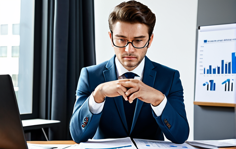 ** A serious, fully clothed investor (male or female) reviewing documents related to a crowdfunding project. Setting: a well-lit, modern office with charts and graphs visible in the background. Clothing: professional business attire, such as a suit or blazer. Focus: thoughtful expression, emphasizing due diligence and research. safe for work, appropriate content, professional, modest, perfect anatomy, correct proportions, natural pose, well-formed hands, proper finger count, natural body proportions. **