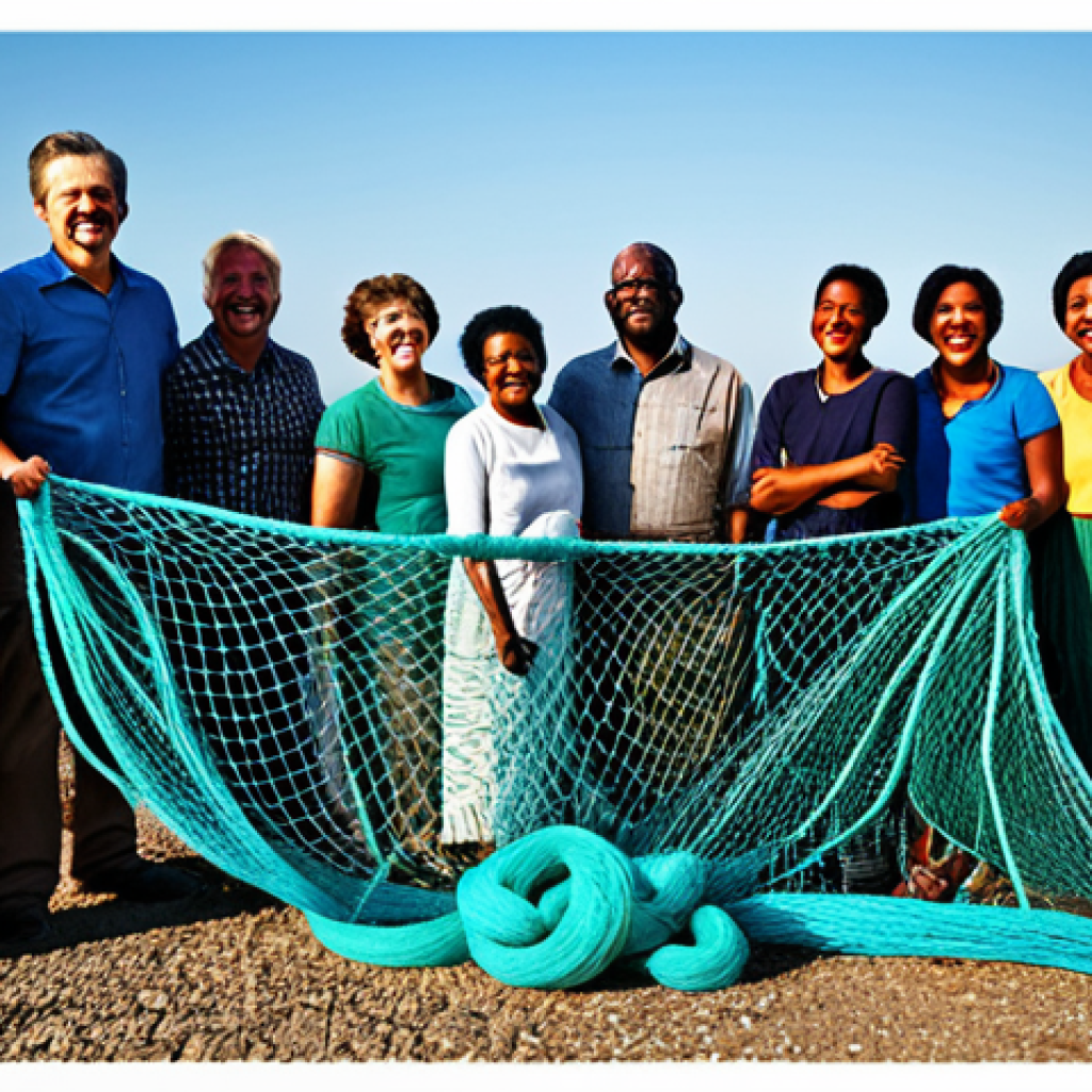 크라우드펀딩을 통한 창의적 아이디어 - Idea to Reality** "A diverse group of people celebrating around a display of upcycled fishing net a...