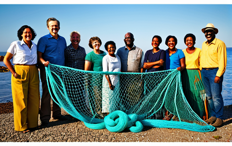 크라우드펀딩을 통한 창의적 아이디어 - Idea to Reality** "A diverse group of people celebrating around a display of upcycled fishing net a...