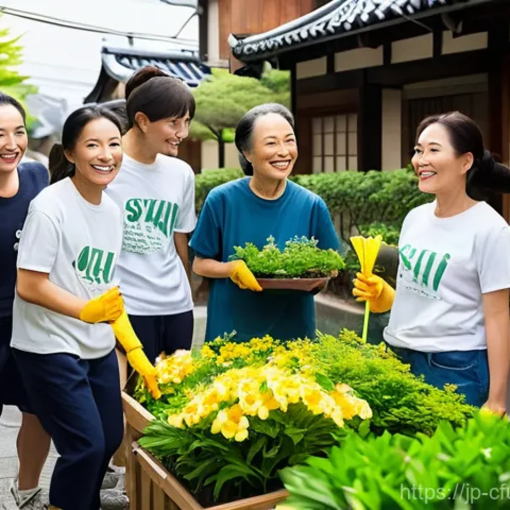 크라우드펀딩을 활용한 사회적 기업 - "A group of diverse people in a picturesque Japanese neighborhood engaging in a community clean-up a...