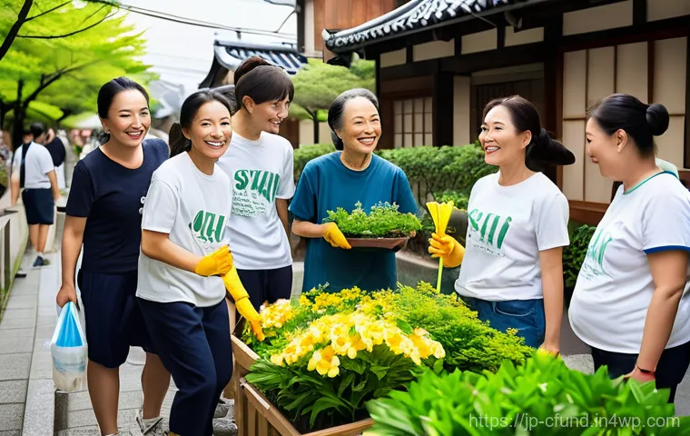 크라우드펀딩을 활용한 사회적 기업 - "A group of diverse people in a picturesque Japanese neighborhood engaging in a community clean-up a...