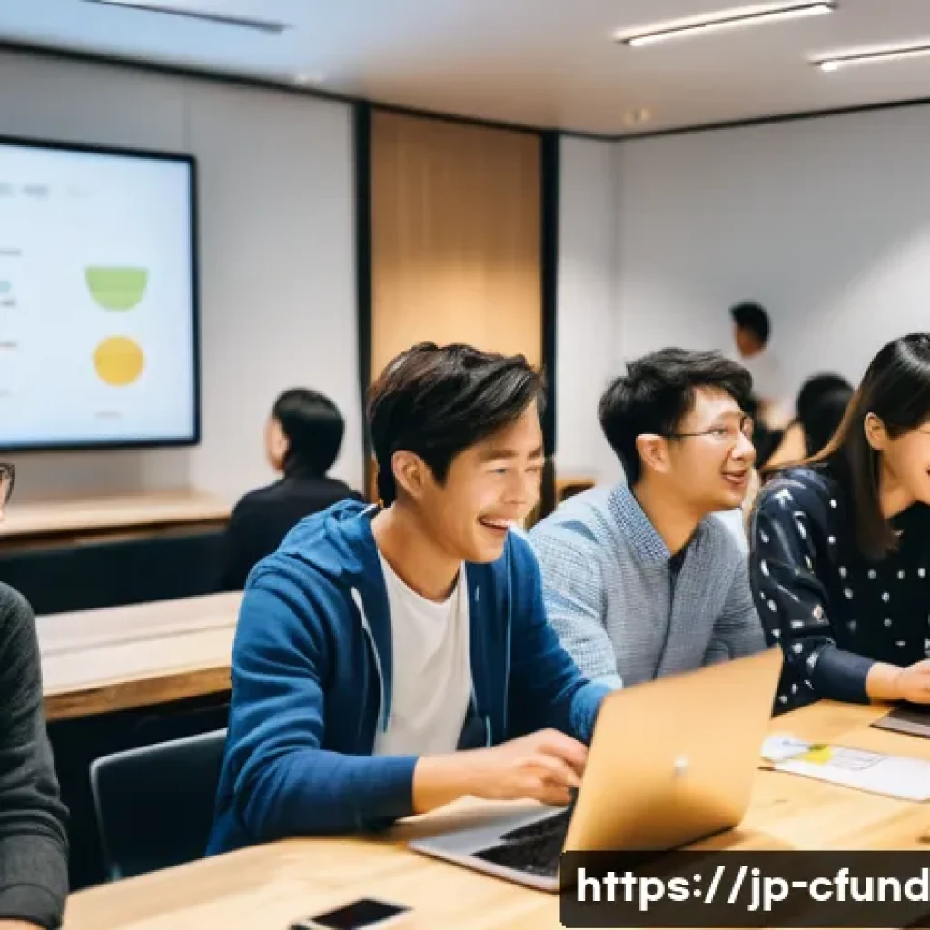 크라우드펀딩과 기관 투자자의 역할 - A vibrant, modern crowdfunding event scene in Tokyo, featuring a diverse group of enthusiastic indiv...