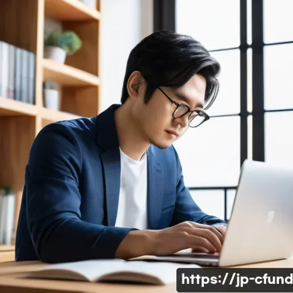 크라우드펀딩 투자 전략과 팁 - A modern Japanese entrepreneur in a stylish casual business outfit, deeply focused while researching...