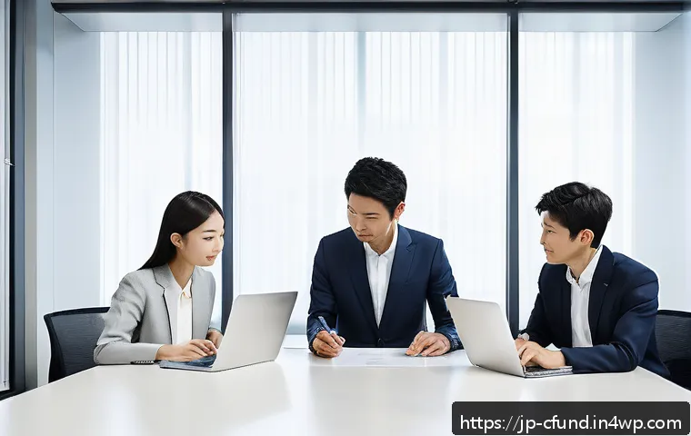 크라우드펀딩의 주요 법적 쟁점 - A modern Japanese office scene with a diverse group of professionals discussing a crowdfunding contr...
