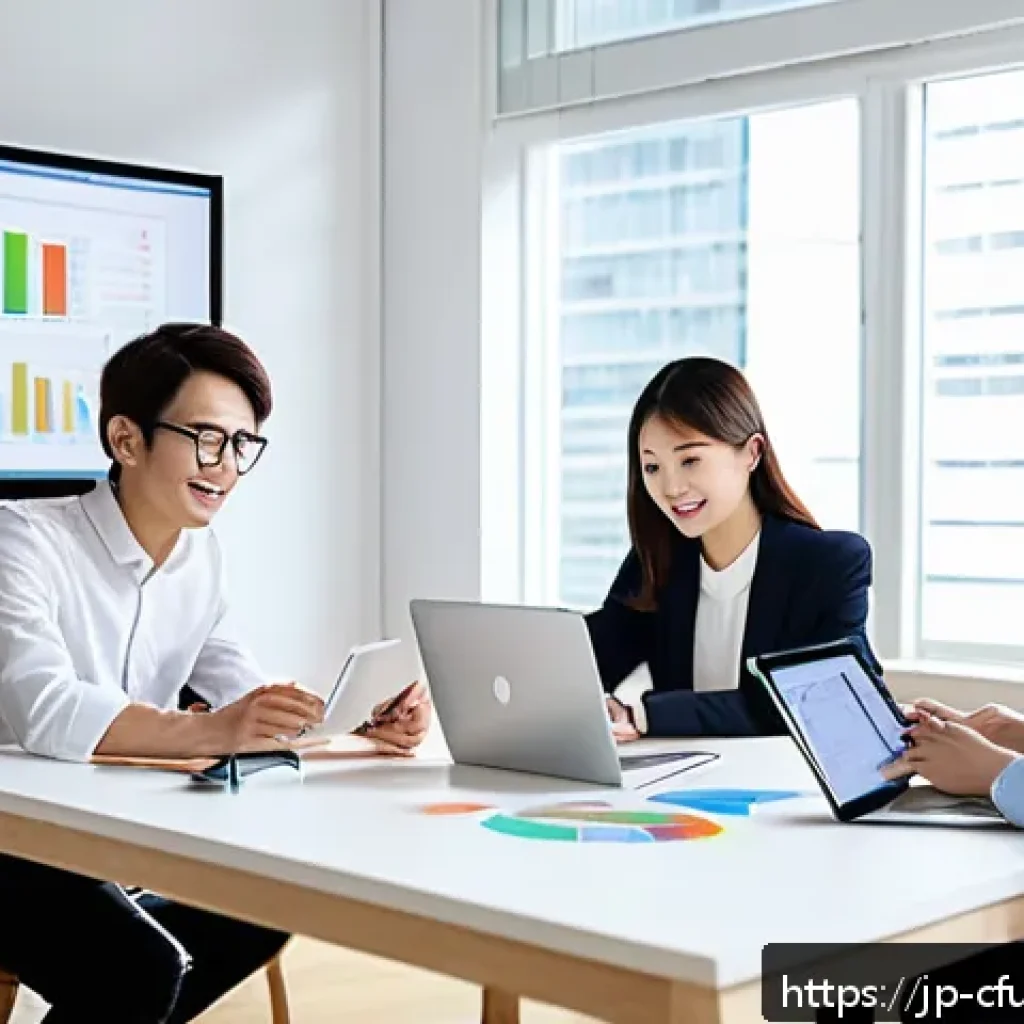 크라우드펀딩 프로젝트의 재무적 측면 - A modern Japanese office scene focused on crowdfunding project management, featuring a diverse team ...
