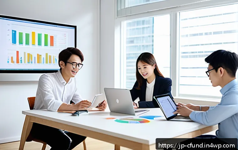 크라우드펀딩 프로젝트의 재무적 측면 - A modern Japanese office scene focused on crowdfunding project management, featuring a diverse team ...