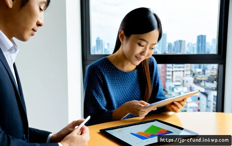 크라우드펀딩 플랫폼의 글로벌 동향 - Photorealistic modern crowdfunding workspace in Tokyo, diverse Japanese startup team reviewing a cle...