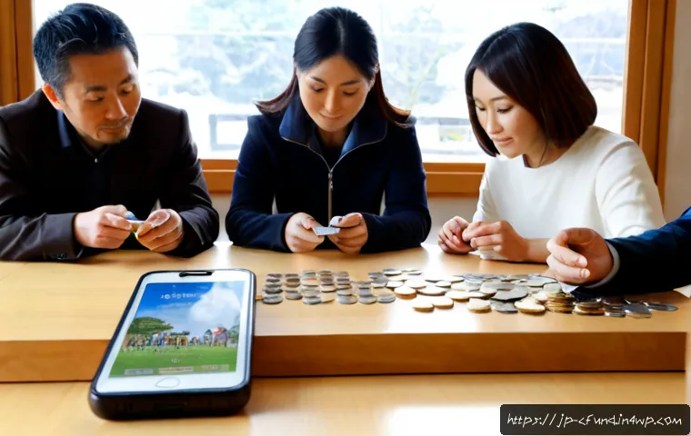 크라우드펀딩과 정치적 참여 - Photorealistic Japanese community crowdfunding scene, diverse adult neighbors gathered around a clea...